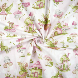 Bawełna 100% wzór elfki różowe na huśtawkach na jasno różowym tle