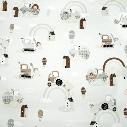 Bawełna 100% samochody koparki z tęczą brązowo beżowe na jasno szarym tle