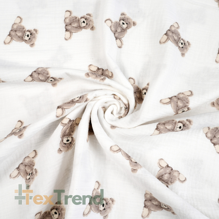 Muślin double gauze drukowany misie beżowe