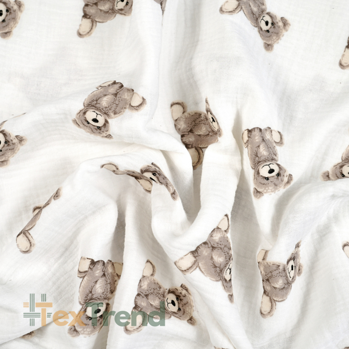 Muślin double gauze drukowany misie beżowe