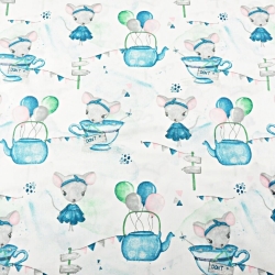 100% Baumwolle Mäuse mit Tassen blau-grün auf weißem Hintergrund  