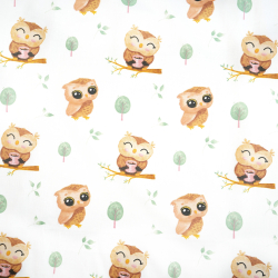 Bawełna 100% sówki na gałązkach na białym tle