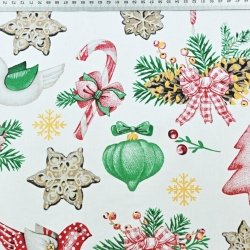 Baumwolle 100% Weihnachtsmuster Dekorationen RETRO auf weißem Hintergrund  