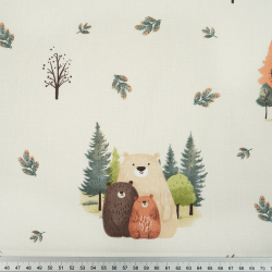 Bawełna 100% zwierzęta misie rodzinki w lesie jesiennym na ecru tle