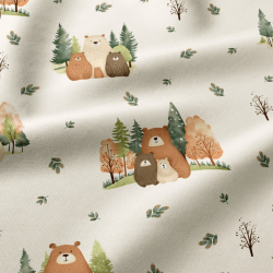 Bawełna 100% zwierzęta misie rodzinki w lesie jesiennym na ecru tle
