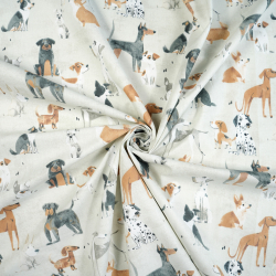 Bawełna 100% pieski rasowe na jasno szarym tle