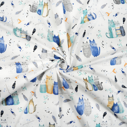 Bawełna 100% kotki turkusowo niebieskie na białym tle