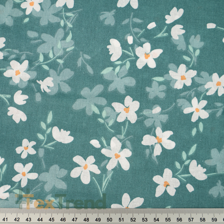 Bawełna 100% kwiatuszki białe na morskim tle - 220 cm