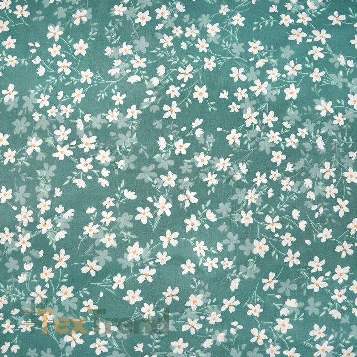 Bawełna 100% kwiatuszki białe na morskim tle - 220 cm