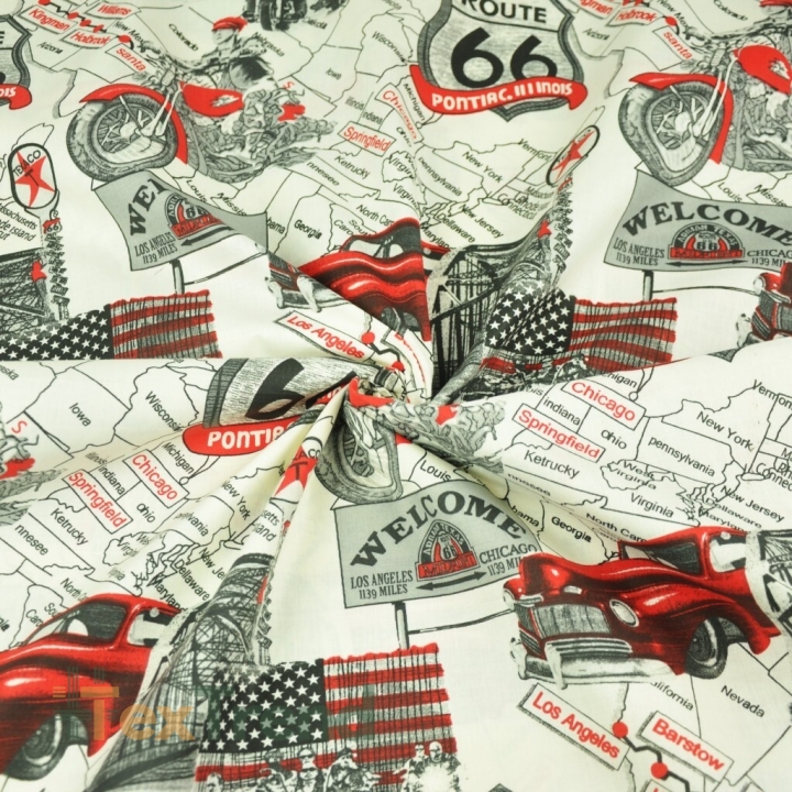 Baumwolle 100% Autos Straße Route 66 auf ecrufarbenem Hintergrund  