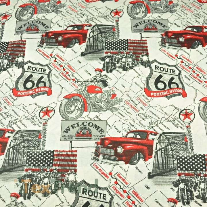 Baumwolle 100% Autos Straße Route 66 auf ecrufarbenem Hintergrund  