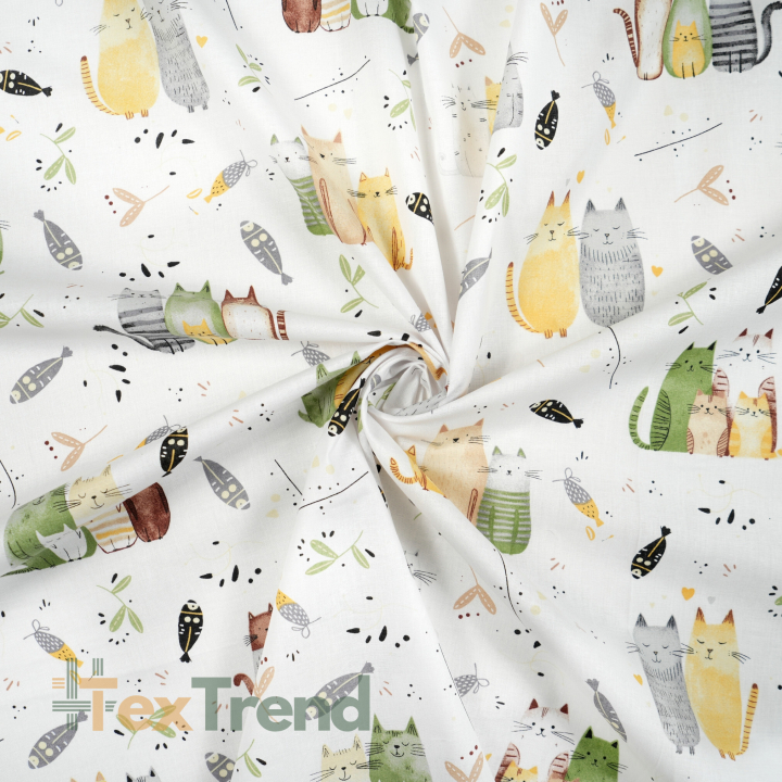 Bawełna 100% kotki zielono beżowe na białym tle