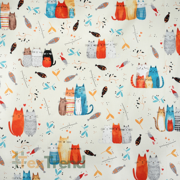 Bawełna 100% kotki turkusowo rude na ecru tle