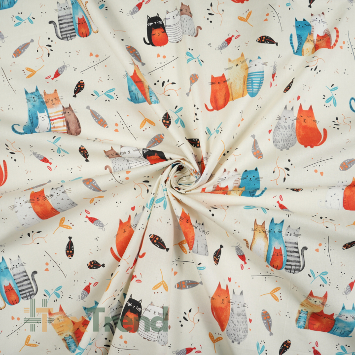 Bawełna 100% kotki turkusowo rude na ecru tle