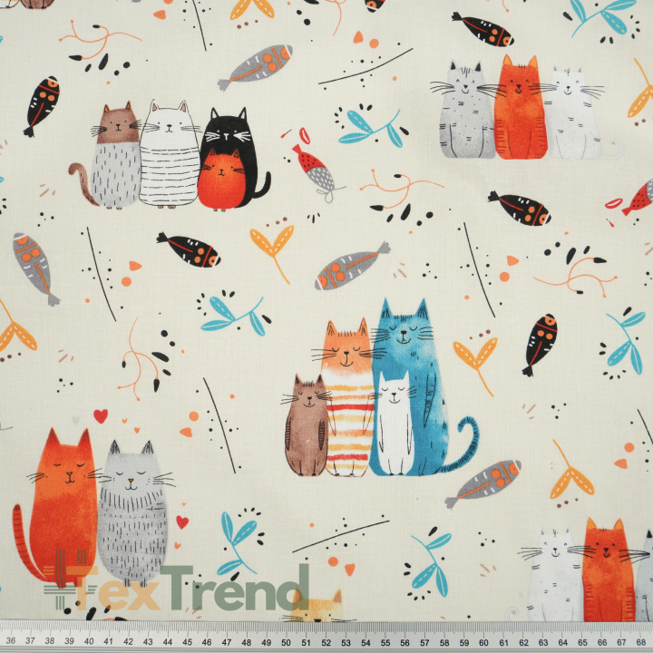 Bawełna 100% kotki turkusowo rude na ecru tle