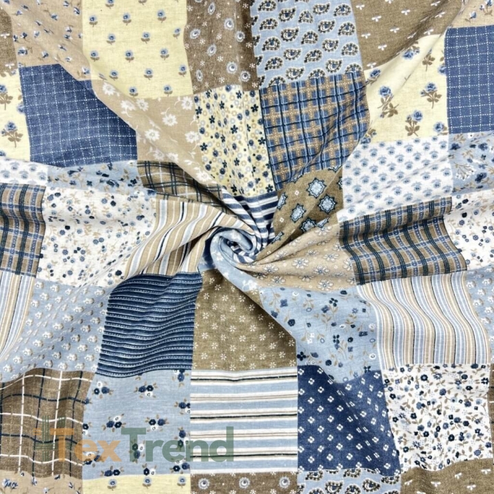 Flanell Patchwork Blumen blau-beige  