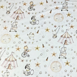 Baumwolle 100% Tiere beige-rosa im Zirkus auf weißem Hintergrund  