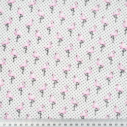 Muślin double gauze drukowany flamingi różowe mini z kropeczkami