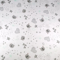 Baumwolle 100% Bären mit Sternen und Herzen grau-minze auf weißem Hintergrund  