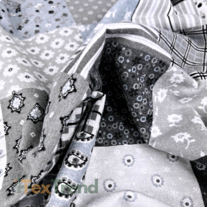 Flanell Patchwork Blumen grau-blau  