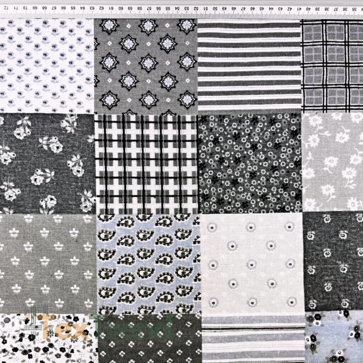 Flanell Patchwork Blumen grau-blau  