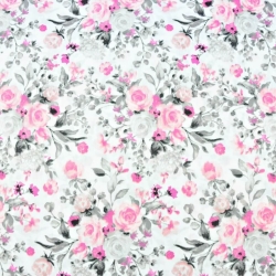 Baumwolle 100% Blumensträuße rosa-grau auf weißem Hintergrund - 220cm  