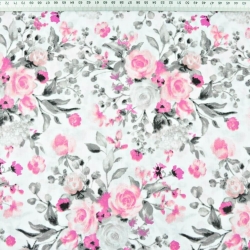 Baumwolle 100% Blumensträuße rosa-grau auf weißem Hintergrund - 220cm  