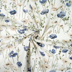 100% Baumwolle Mohnblumen in Blau-Beige auf Ecru-Hintergrund