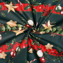 100% Baumwolle mit weihnachtlichen Streifen auf grünem Hintergrund