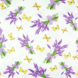 Baumwolle 100% Lavendelblumen mit Schmetterlingen auf weißem Hintergrund  