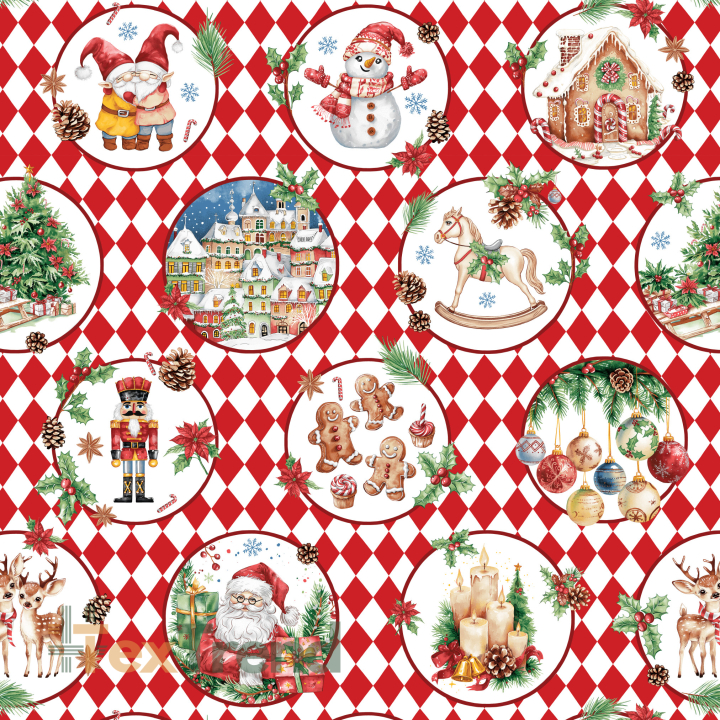 100% Baumwolle rote Rauten und Weihnachtsbilder