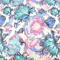 100% Baumwolle magische Blumen violett-blau auf weißem Hintergrund  