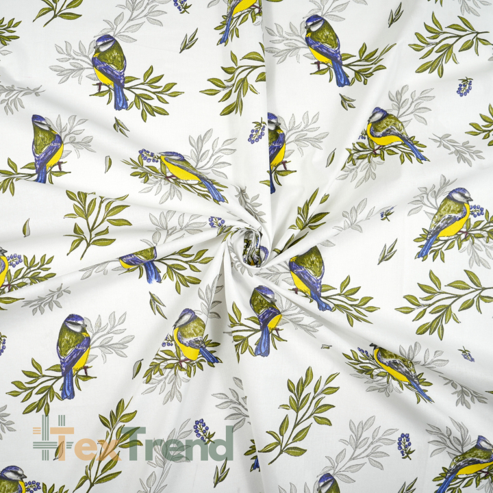 100% Baumwolle Vögel mit Zweigen auf weißem Hintergrund