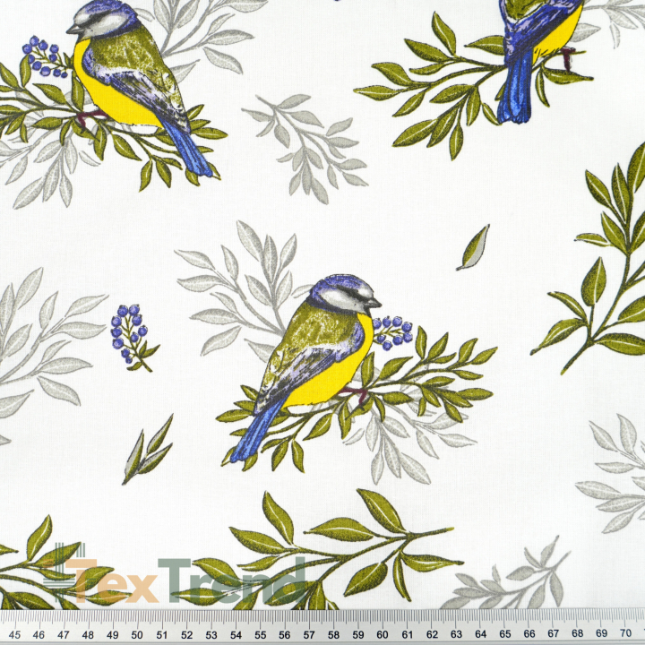 100% Baumwolle Vögel mit Zweigen auf weißem Hintergrund