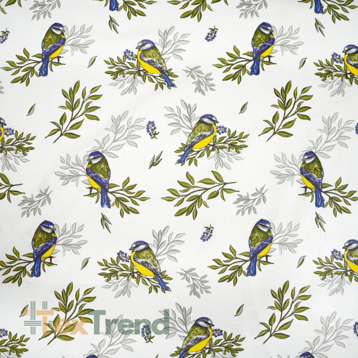 100% Baumwolle Vögel mit Zweigen auf weißem Hintergrund