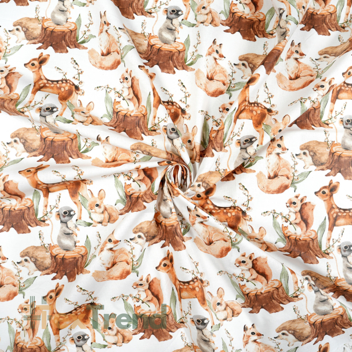 100% Baumwolle Waldtiere Zoo braun auf weißem Hintergrund
