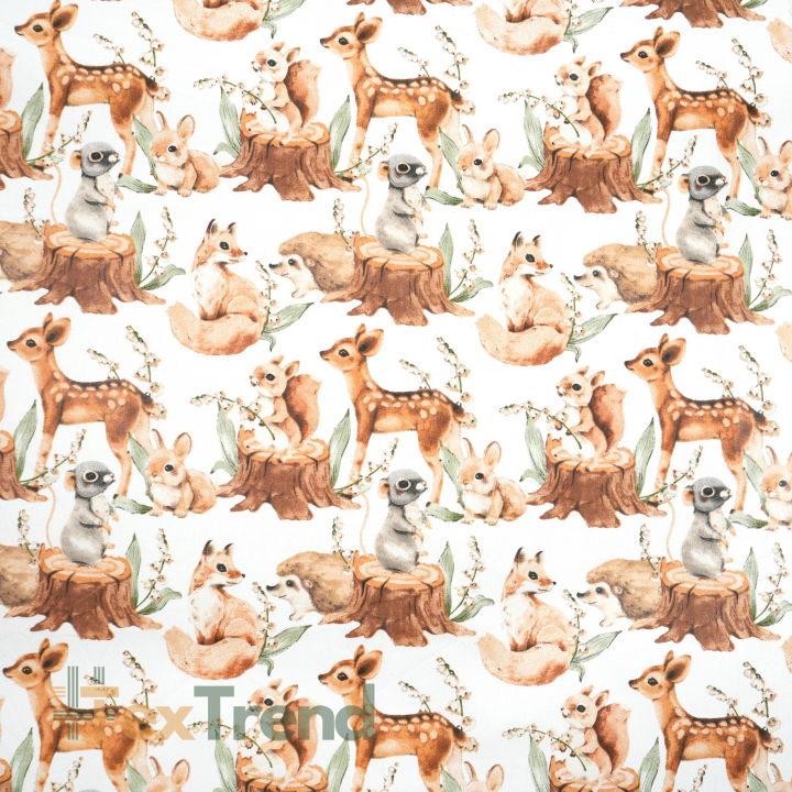 100% Baumwolle Waldtiere Zoo braun auf weißem Hintergrund