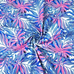 Baumwolle 100% Palmenblätter blau-rosa auf weißem Hintergrund  