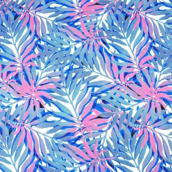 Baumwolle 100% Palmenblätter blau-rosa auf weißem Hintergrund  