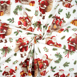 100% Baumwolle Weihnachtsmuster Weihnachtsmann mit Geschenken und Stechpalme