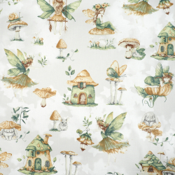 100% Baumwolle Elfenmuster grün auf Schaukeln auf hellgrauem Hintergrund