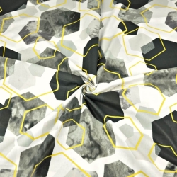 Baumwolle 100% geometrische Rauten grau-schwarz-gold auf weiß  