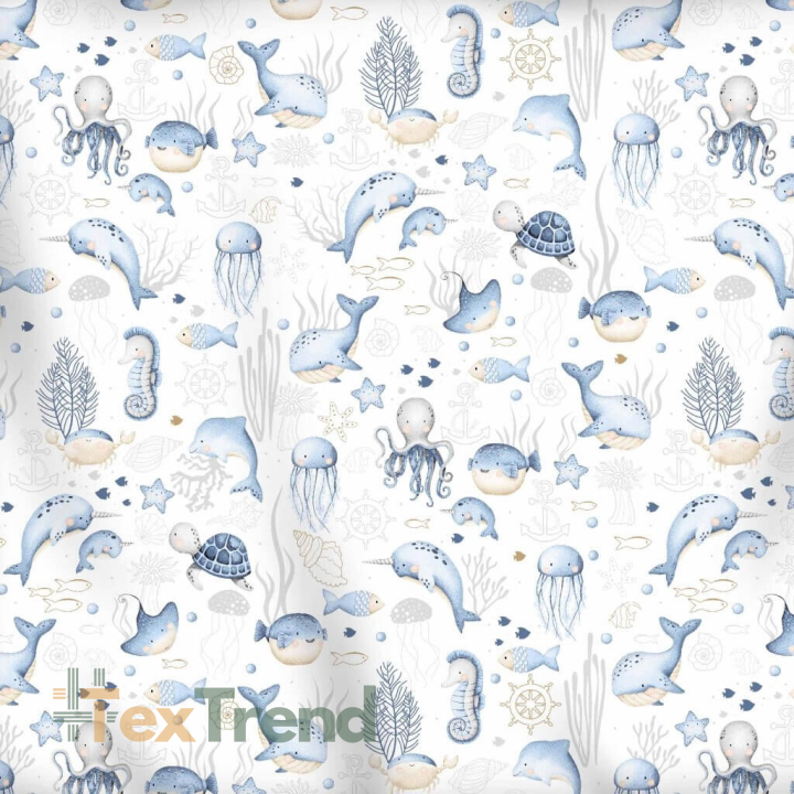 Baumwolle 100% Blauer Ozean auf weißem Hintergrund  