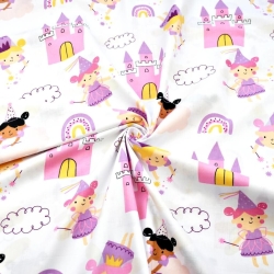 Baumwolle 100% Feen mit rosa Burgen auf weißem Hintergrund  