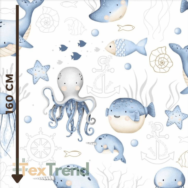 Baumwolle 100% Blauer Ozean auf weißem Hintergrund  