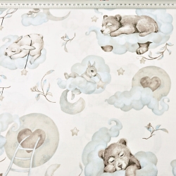 Baumwolle 100% schlafende Tiere mit Lebkuchen blau-grau auf weißem Hintergrund  