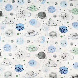 Baumwolle 100% Planeten Gesichter blau-grün auf weißem Hintergrund  