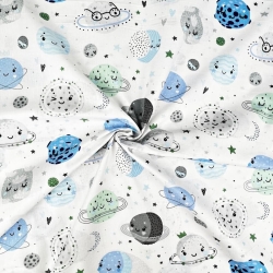 Baumwolle 100% Planeten Gesichter blau-grün auf weißem Hintergrund  