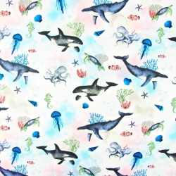 Baumwolle 100% Wale und Orcas im bunten Ozean  
