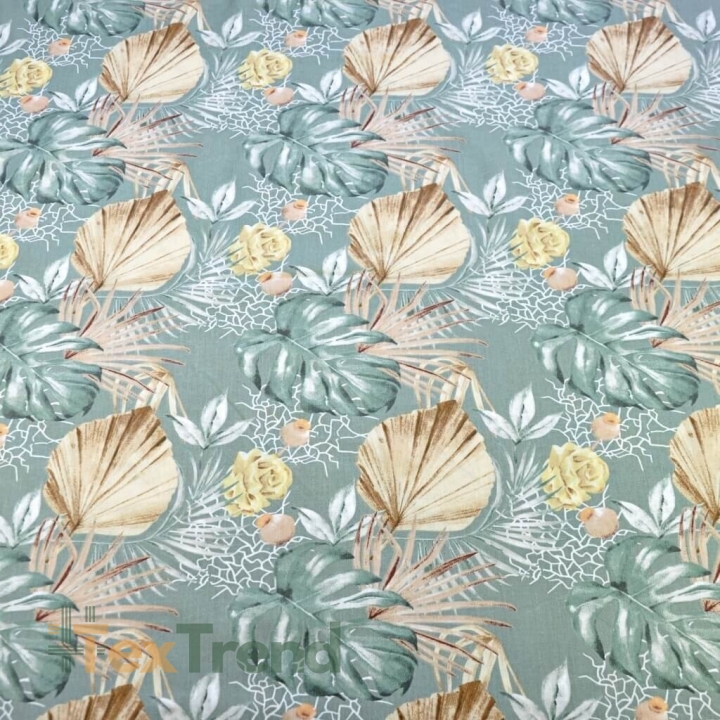 Baumwolle 100% Monstera-Blätter und Boho-Sträuße auf salbeigrünem Hintergrund  